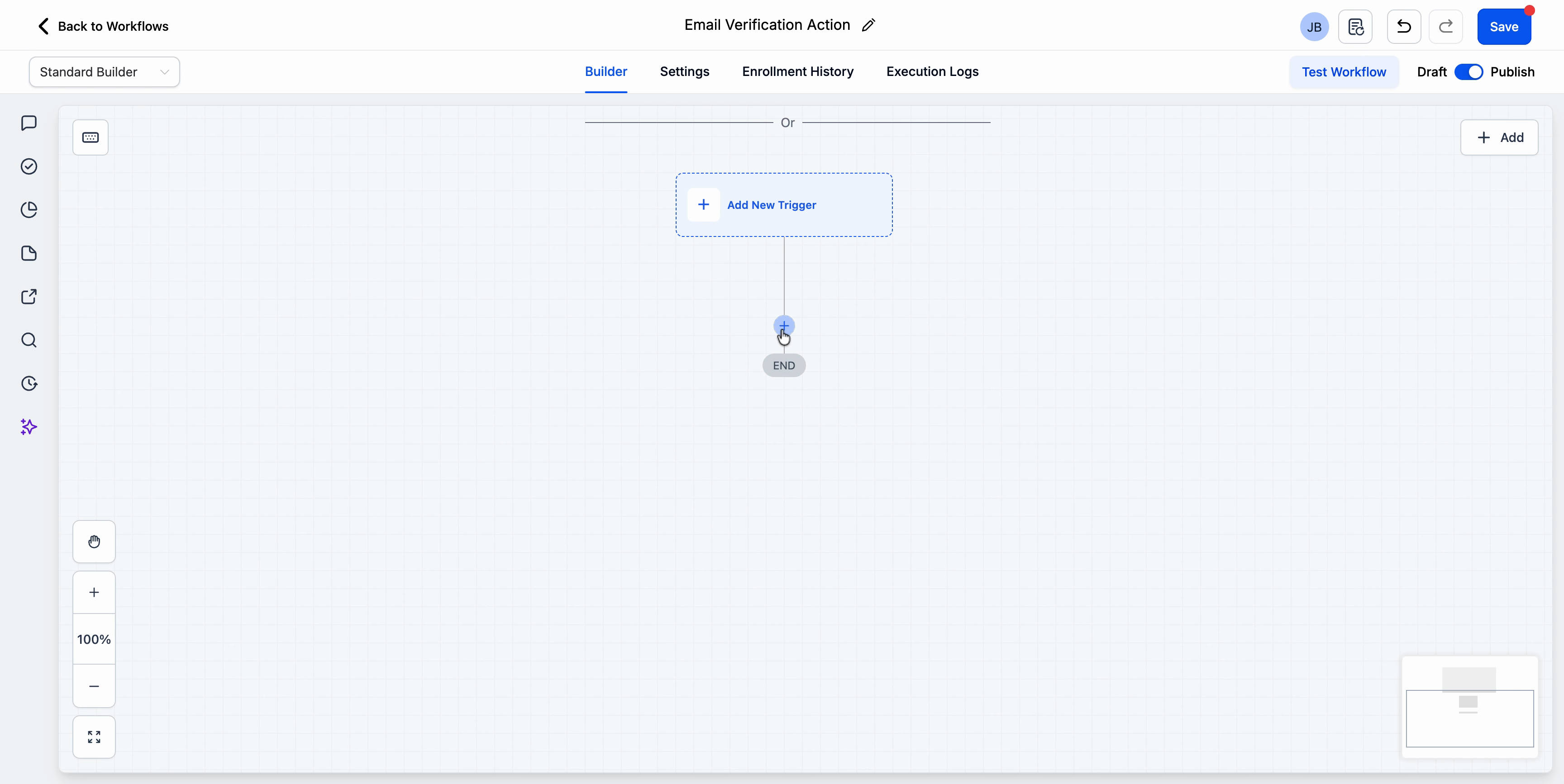 Click the plus icon in workflow builder