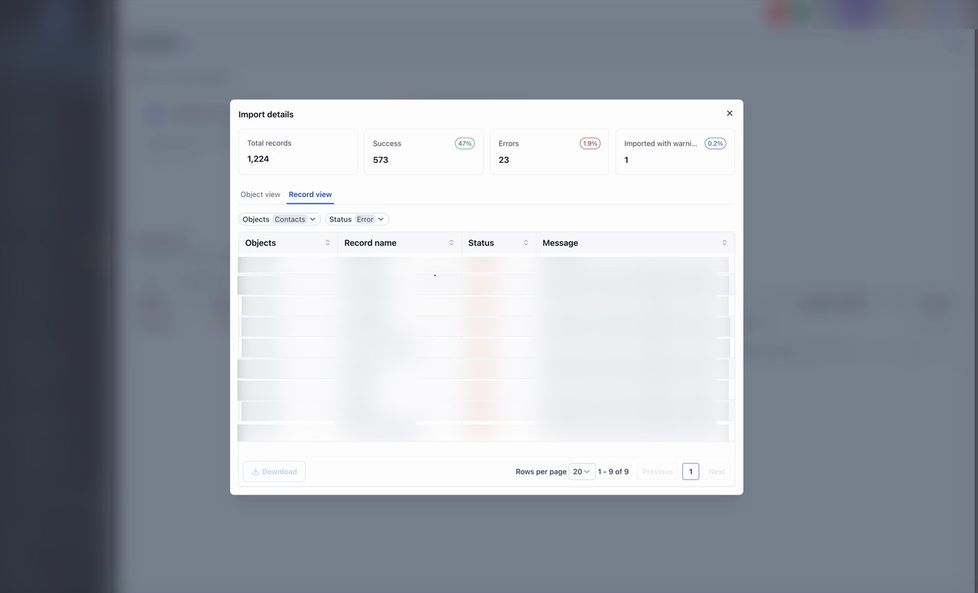 The Import details modal filtered to Status = Error, showing rows of failed records with error messages referencing HubSpot record IDs.